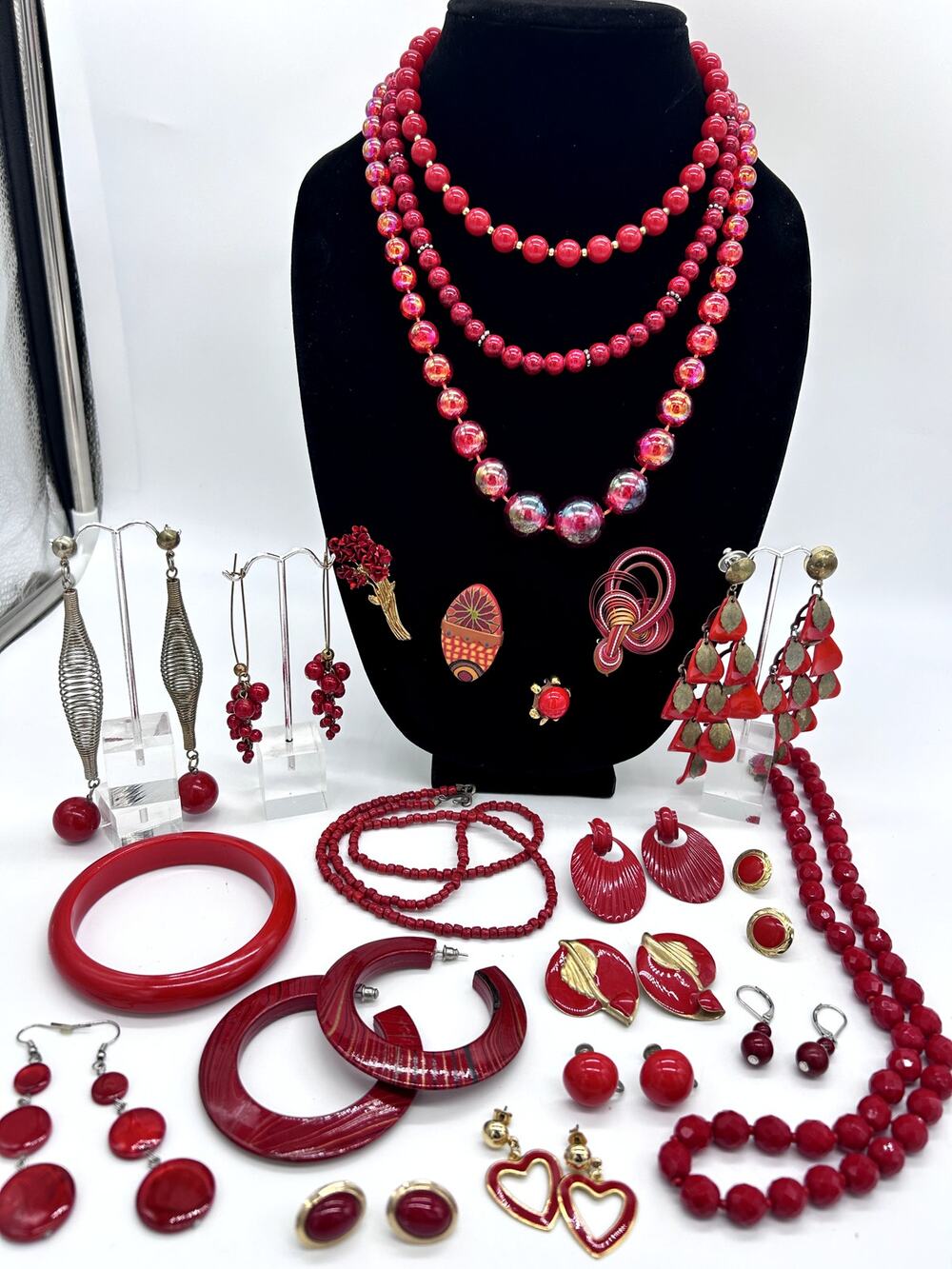 Vintage Red Jewelry Costume Estate Lot Earrings Necklaces Holiday Christmas